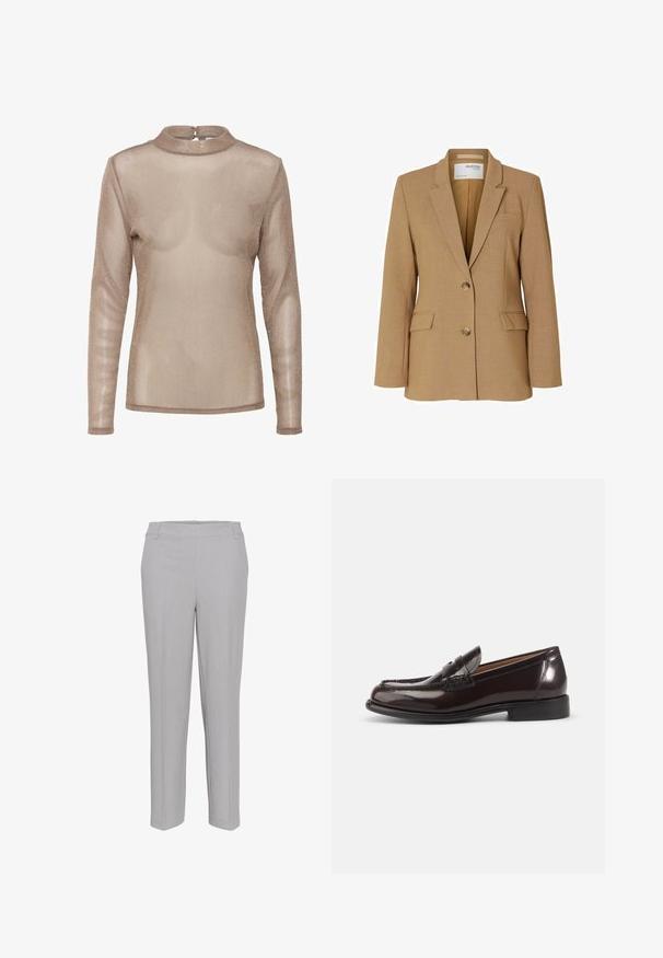 Blazer beige en tissu texturé, avec une fermeture à un bouton, des revers crantés et deux poches avant. Conçu avec une coupe ajustée.; Haut à manches longues et transparent de couleur marron clair avec un léger effet brillant. Il présente un col haut et une fermeture à boutons au dos. Texture douce et légère.; Pantalons tailleur gris avec une texture lisse, design à jambe droite et motif de fines rayures; dotés d'une taille élastique pour plus de confort.; Mocassin penny pour homme en cuir brun foncé poli avec talon bas et détails cousus sur fond blanc.