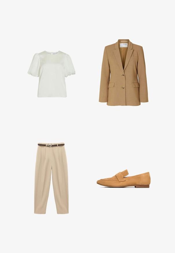 Blazer color marrón hecho de tela texturizada, con cierre de botón único, solapas con muesca y dos bolsillos frontales. Diseñado con un corte ajustado.; Blusa blanca de manga corta con cuello redondo y mangas abullonadas, que presenta un cierre de botones en la parte posterior.; Pantalones de color beige, de tiro alto, hechos de una tela suave, con un cinturón marrón con hebilla metálica y pliegues frontales para mayor estructura.; Mocasines de ante color arena con tacón plano, punta redondeada y una tira cosida en el empeine para un acabado refinado.