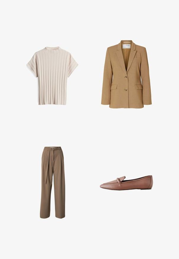 Beige Blazer aus strukturiertem Stoff, mit einem Ein-Knopf-Verschluss, abgesetzten Revers und zwei vorderen Taschen. Mit taillierter Passform gestaltet.; Beige Kurzarmoberteil aus Rippstoff mit hohem Ausschnitt und vertikalen Linien für Struktur und Designdetails.; Braune, hochgeschnittene, weit geschnittene Hose mit Falten, Gürtelschlaufen und einem passenden Stoffgürtel, der vorne gebunden ist.; Brauner flacher Ledermokassin mit abgerundeter quadratischer Spitze und einer Schlaufe über dem Obermaterial, von der Außenseite gezeigt.