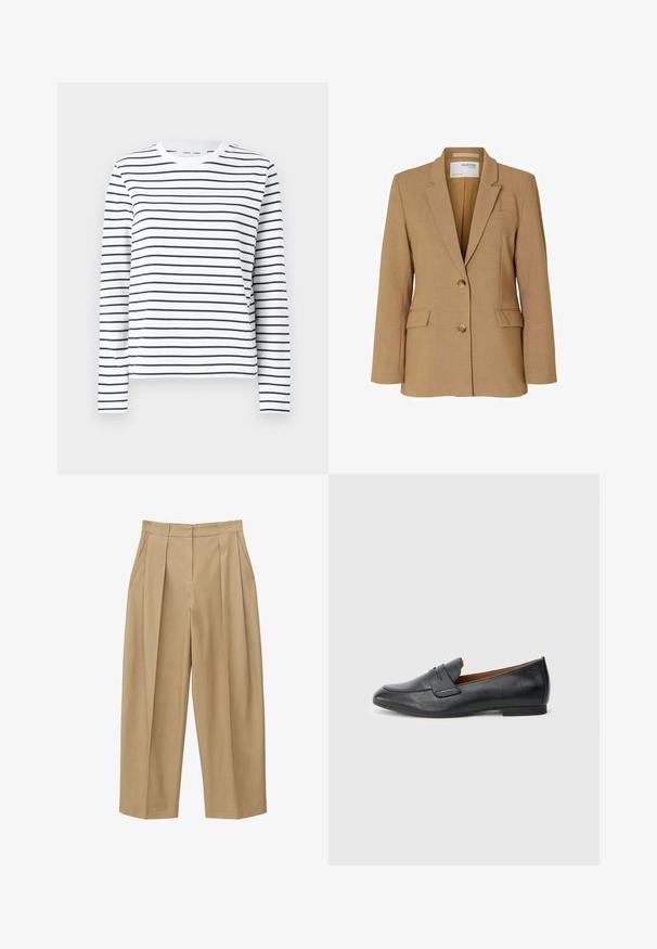 Blazer beige en tissu texturé, avec une fermeture à un bouton, des revers crantés et deux poches avant. Conçu avec une coupe ajustée.; Chemise à manches longues en coton blanc avec des rayures horizontales noires. Présente un col rond et une coupe décontractée. Pas d'accents ou de motifs notables.; Pantalon beige taille haute à jambes larges avec plis sur le devant, poches latérales et ceinture ajustée avec passants pour ceinture.; Mocassin en cuir noir avec bout arrondi, détail de couture subtil et talon plat. Texture lisse avec une silhouette simple.
