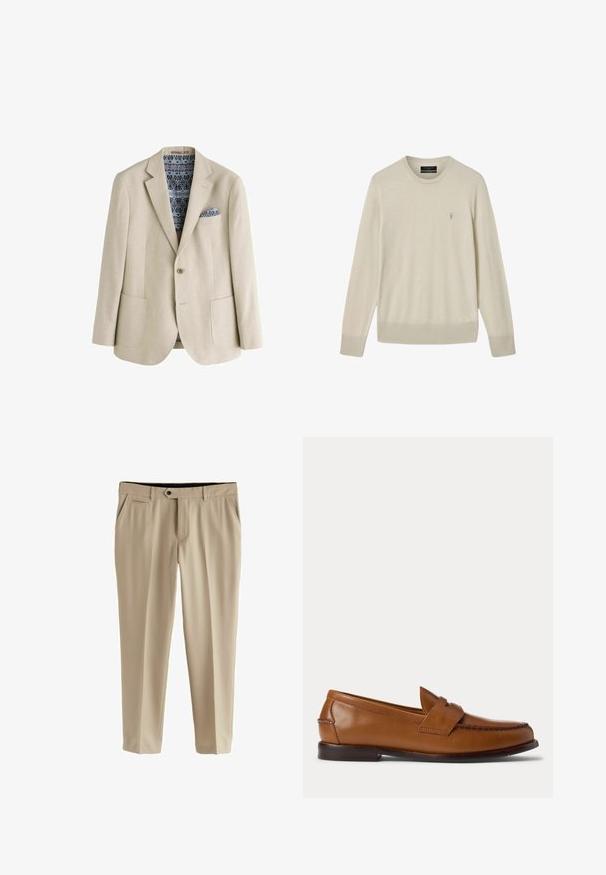 Beiger Ein-Knopf-Blazer mit geschlitzten Revers, zwei Fronttaschen sowie einem blauen, gemusterten Einstecktuch und Futter.; Beiger Pullover mit Rundhalsausschnitt und langen Ärmeln, gerippten Bündchen und Saum, mit kleinem, auf der linken Brust gesticktem Logo.; Beige Anzughose aus glattem Stoff. Hat eine flache Front, zwei seitliche Taschen und einen Knopfverschluss mit Reißverschluss.; Brauner Leder-Penny-Loafer mit niedrigem Absatz und gesteppten Details an Vorder- und Seitenpartien, seitlich auf weißem Hintergrund dargestellt.