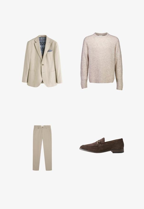 Beige blazer med enkelt knaplukning, hakkede revers, to forlommer samt et blåmønstrede lommetørklæde og foer.; Beige striktrøje med lange ærmer, diskret tekstureret mønster, ribstrikkede manchetter og kant samt en rund halsudskæring.; Beige skræddersyede bukser lavet af et glat stof. Har forlommer, en knaplukning og et slankt, lige ben-design.; Brun ruskind herres slip-on loafers med metalbitdetalje og lav stakket hæl, sideprofil på hvid baggrund.