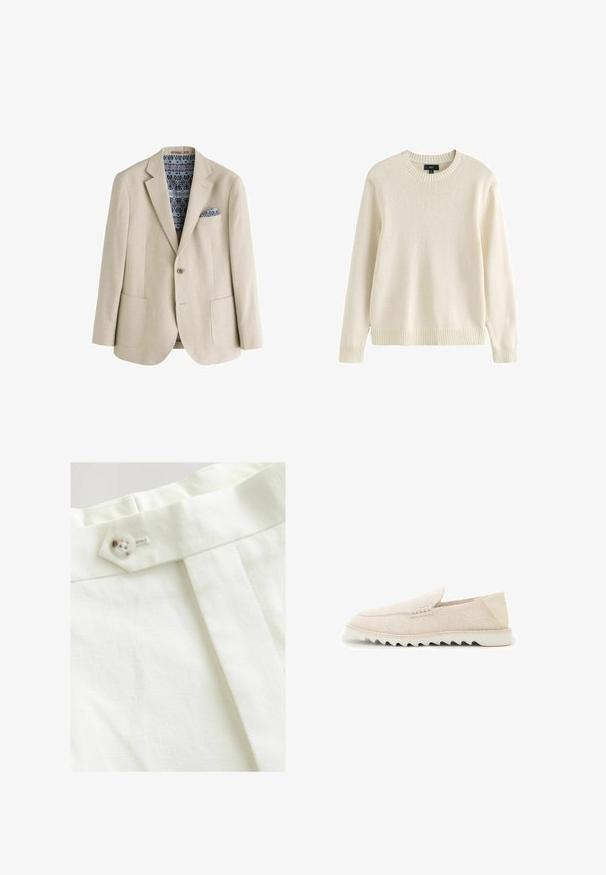 Blazer beige à un seul bouton avec revers crantés, deux poches avant, et un mouchoir de poche ainsi qu'une doublure bleus à motif.; Pull en maille couleur crème à manches longues avec col rond, poignets et ourlet côtelés, étiquette taille moyenne de la marque Next.; Tissu blanc avec une texture lisse, présentant une fermeture à bouton unique, un design plissé et des détails de couture soignés.; Mocassin beige en daim sans lacets avec semelle blanche en caoutchouc dentelée et patch de talon lisse, présenté en profil latéral sur fond blanc.
