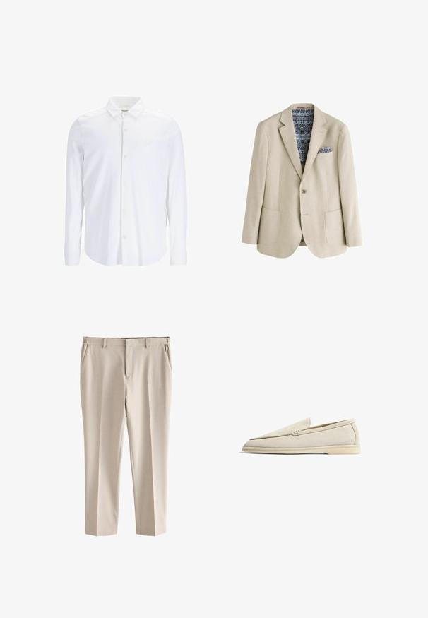Beiger Ein-Knopf-Blazer mit geschlitzten Revers, zwei Fronttaschen sowie einem blauen, gemusterten Einstecktuch und Futter.; Weißes Langarm-Hemd aus glattem Stoff, mit klassischem Kragen, Frontblende und einem dezenten Logoakzent auf der Brust.; Beige schmal geschnittene Anzughose mit Gürtelschlaufen, Seitentaschen und vorderem Reißverschluss, flach auf weißem Hintergrund dargestellt.; Scarosso LUDOVICO - Slipper - sand suede