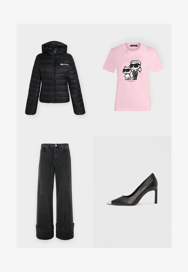 Μαύρο μπουφάν με λογότυπο στο στήθος "Karl Lagerfeld Jeans", μακριά μανίκια, φερμουάρ μπροστά και αποσπώμενη κουκούλα.; Ροζ κοντομάνικο T-shirt με καρτούν σχέδιο ενός ατόμου και μιας γάτας που φορούν μαύρα γυαλιά ηλίου στο μπροστινό μέρος.; Μαύρα τζιν παντελόνια με φαρδιά γραμμή και ψηλή μέση, που διαθέτουν κλείσιμο με κουμπί, μπροστινές τσέπες και διπλωμένες άκρες για μια ξεχωριστή εμφάνιση.; Μαύρο δερμάτινο γυναικείο παπούτσι με ψηλό τακούνι, μυτερή μύτη και μεταλλική ασημί μύτη. Διαθέτει λείο φινίρισμα και λεπτό τακούνι 10 εκ.