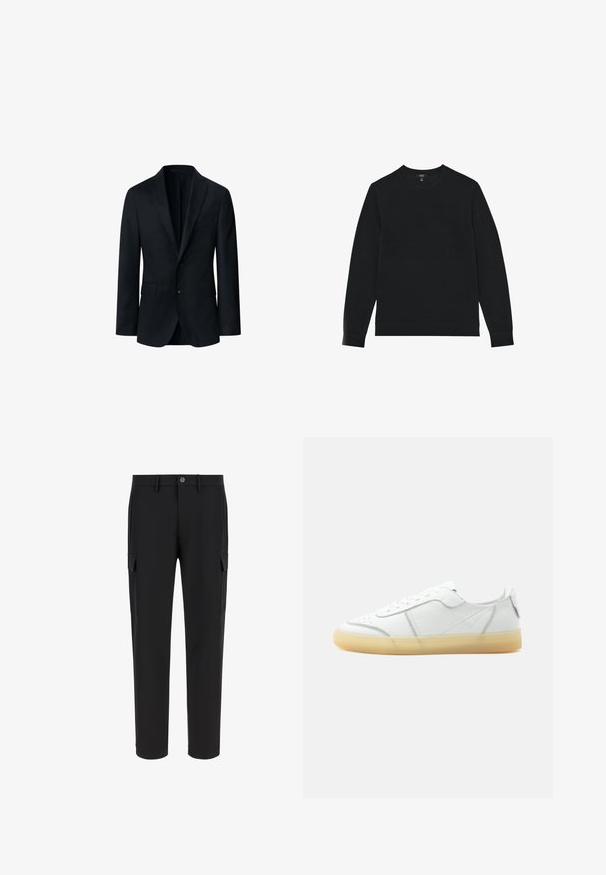 Pánsky čierny blazer vyrobený z vlnenej tkaniny, s klopovým golierom, dvoma gombíkmi a dvoma prednými vreckami. Klasický strih.; Čierna bavlnená mikina s dlhými rukávmi, okrúhlym výstrihom a rebrovanými manžetami. Hladká textúra, minimalistický dizajn bez vzorov alebo ozdôb.; Čierne cargo nohavice vyrobené z hladkej látky. Obsahujú dve bočné vrecká a dva cargo vrecká. Úzky strih s rovnými nohavicami, zapínanie na gombík.; Biela nízka kožená teniska s béžovou priehľadnou podrážkou, šnurovaním vpredu a minimálnymi švami, zobrazená z boku na jednoduchom pozadí.