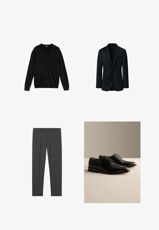 Schwarzer Herrenblazer aus Wollstoff, ausgestattet mit einem Reverskragen, zwei Knöpfen und zwei Vorderentaschen. Klassisches, tailliertes Design.; Schwarzer V-Ausschnitt-Pullover aus weichem, gestricktem Stoff. Lange Ärmel, gerippte Bündchen und Saum, schlichtes Design ohne Muster oder Akzente.; Dunkelgraue, maßgeschneiderte Anzughose mit Gürtelschlaufen, Vordertaschen und schmalem, geradem Schnitt, flach auf weißem Hintergrund dargestellt.; Paar schwarze formelle Schnürschuhe aus Leder, die auf einer hellen Oberfläche mit einfachem beigen Hintergrund präsentiert werden.