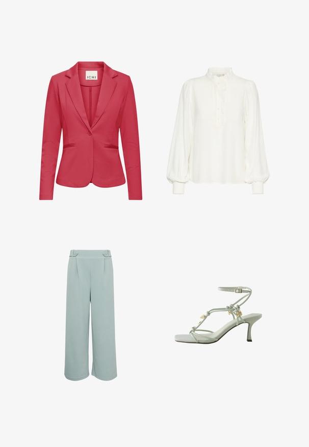 Rosa einreihiger Blazer mit Notch-Revers, zwei vorderen Leistentaschen, taillierter Passform und langen Ärmeln.; Weiße Bluse mit hohem, rüschigem Kragen, Knopfverschluss vorne und langen Ärmeln mit elastischen Bündchen. Hergestellt aus leichtem Stoff.; Hellblaue, weit geschnittene Hosen mit glatter Textur, ausgestattet mit zwei Vorderfalten und dekorativen Knopfakzenten am Bund.; Weiße High-Heel-Sandale mit Riemchen, Knöchelriemen mit Schnalle und goldenen muschelförmigen Anhängern an geknoteten Riemen vor weißem Hintergrund.