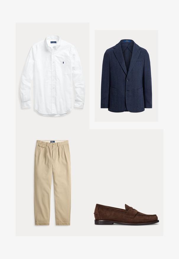 Marineblauwe blazer met een visgraatpatroon, uitgevoerd met een enkele knoop, inkeping in de revers, twee voorzakken en een zachte textuur.; Wit overhemd met lange mouwen, knopen en kraag, met een klein donker logo op de linkerborst, plat gelegd op een lichte achtergrond.; Beige geplooide broek van katoen twill, met een klassieke pasvorm, zijzakken en een ritssluiting met knoop. Gladde textuur.; Bruine suède penny loafer met lage hak en zichtbare stiksels langs de neus, zijkant en achterkant, weergegeven op een effen lichte achtergrond.