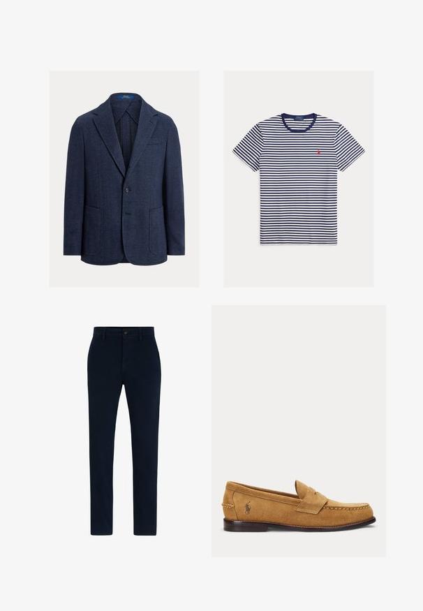 Blazer azul marino con patrón espiga, que presenta un solo botón, solapas con muesca, dos bolsillos frontales y una textura suave.; Camiseta de manga corta con rayas horizontales azul marino y blancas, cuello redondo y pequeño logo rojo de Polo Ralph Lauren en el pecho izquierdo.; Chinos azul marino hechos de una tela suave y duradera. Presentan un cierre de botón, lazos para cinturón y un diseño de pierna recta. Sin patrones visibles.; Mocasín de ante color tostado con detalles cosidos y un pequeño logo bordado de caballo en el lateral, con un tacón bajo de madera y diseño sin cordones.