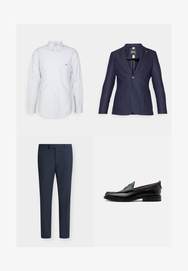 Marineblaues Blazer mit einem einzigen Knopfverschluss, zwei frontalen Taschen und einem Reverskragen. Strukturierter Stoff mit slim fit Design.; Himmelblaues Gingham-Hemd mit langen Ärmeln, Kragen und kleinem Logo auf der Brust. Aus Baumwolle gefertigt, mit glatter Textur.; Marineblaue, maßgeschneiderte Herrenhose mit Gürtelschlaufen und einem vorderen Reißverschluss, vor einem schlichten Hintergrund dargestellt.; Schwarzer Leder-Herrenschuh mit Mokassinnaht, Penny-Riemen, strukturiertem Kragen und niedrigem gestapeltem Absatz auf weißem Hintergrund.