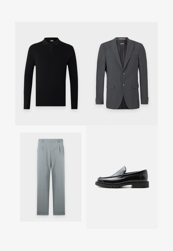 Blazer gris foncé en tissu lisse, doté de deux boutons, de deux poches avant et d'une doublure noire à motifs. Design ajusté avec revers crantés.; Polo-shirt noir à manches longues avec une texture côtelée, patte de boutonnage à trois boutons et un col doux. Design simple et polyvalent.; Pantalons gris clair en tissu texturé avec un design à jambes droites, plis simples et ourlets retroussés. Apparence minimaliste et sur mesure.; Mocassin en cuir noir avec semelle en caoutchouc épaisse, dessus cousu et nom de marque embossé sur le talon, présenté de profil sur fond blanc.