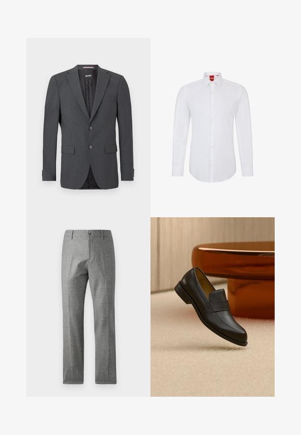 Donkergrijze blazer van soepel materiaal, met twee knopen, twee voorzakken en een gestreepte zwarte voering. Tailored ontwerp met notch revers.; Witte langemouwen blouse met een geknoopt kraagje, voorzien van een knoopsluiting aan de voorkant en zachte, gladde stof. Geen patronen of accenten zichtbaar.; Grijze textuur broek met een rechte pijp ontwerp, voorzien van een voorste knoop- en ritssluiting. Subtiele visgraatpatroon detail.; Zwarte leren loafer met lage hak zwevend boven een beige tapijt dichtbij een ronde bruine tafel.