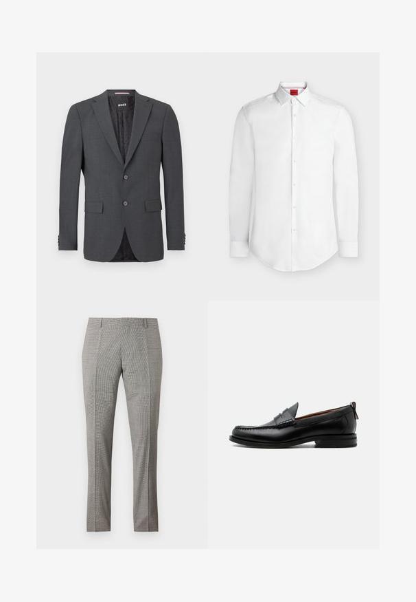 Blazer gris foncé en tissu lisse, doté de deux boutons, de deux poches avant et d'une doublure noire à motifs. Design ajusté avec revers crantés.; Chemise blanche à manches longues avec boutons, col pointu et étiquette rouge de la marque Hugo à l'intérieur du col.; Pantalon habillé gris sur mesure avec passants de ceinture et motif à carreaux subtil, présenté à plat sur un fond blanc.; Mocassin homme en cuir noir avec couture moc toe, bride penny, col texturé et petit talon empilé sur fond blanc.