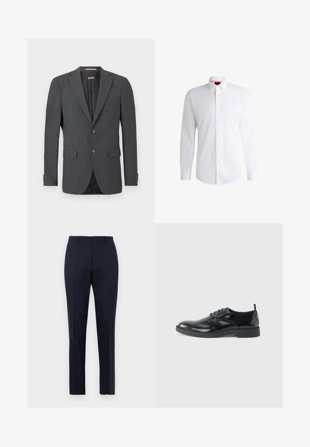 Blazer gris oscuro de tejido suave, con dos botones, dos bolsillos frontales y un forro negro con estampado. Diseño entallado con solapas de muesca.; Camisa blanca de botones, confeccionada en tela suave, con collar clásico, mangas largas y dobladillo curvado. Presenta botones beige en la parte delantera.; Pantalones de vestir para hombre en azul marino, ajustados, con un sutil patrón de cuadros, pasadores para cinturón y pliegue frontal, exhibidos de frente sobre fondo blanco.; Zapato de vestir negro de cuero brillante con tacón bajo, cierre de cordones y puntera redonda, mostrado de lado sobre un fondo claro y liso.