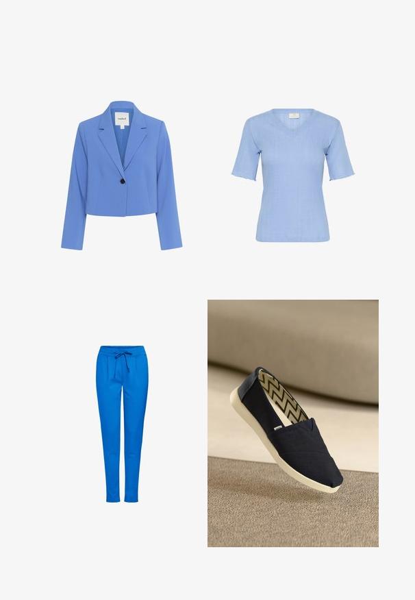Beskaaret blå blazer lavet af glat stof, med en spidse krave, enkelt sort knaplukning og lange ærmer.; Kaffe KAVIBA V-NECK - T-shirts print - vista blue; Blå joggingbukser lavet af blødt stof, med elastisk talje og snøre, to forlommer og smal bendesign.; Marinblå kanvas slip-on sko med rundt tå, off-white gummisål og indvendig foring med zigzag mønster.