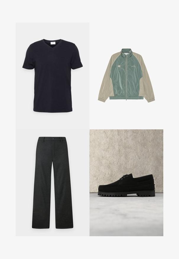 Lysegrøn og beige vindjakke med lynlås, høj krave og elastiske manchetter, med små broderede logoer på brystet.; Sort v-hals t-shirt lavet af bomuld, med korte ærmer og en afslappet pasform. Enkel design, uden mønstre eller yderligere accenter.; Mørkegrå bukser med lige ben, bæltestropper og lukning med knap foran, vist fladt på en lys baggrund.; Sort snørestøvle med tyk rilled sål, der svæver over beige tæppe, brun moderne rundt bord i blødt oplyst rum i baggrunden.