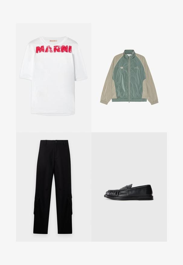 Lysegrøn og beige vindjakke med lynlås, høj krave og elastiske manchetter, med små broderede logoer på brystet.; Hvid kortærmet t-shirt med bred rund halsudskæring og trykt "MARNI" logo i rød, med en let struktureret stof.; Sorte cargo-bukser med lige ben, bæltestropper, frontknap, lynlås og lommer med klap på hver lår.; Sort læderloafer med en rund, rynket tå og en flad sål på en ensfarvet hvid baggrund.
