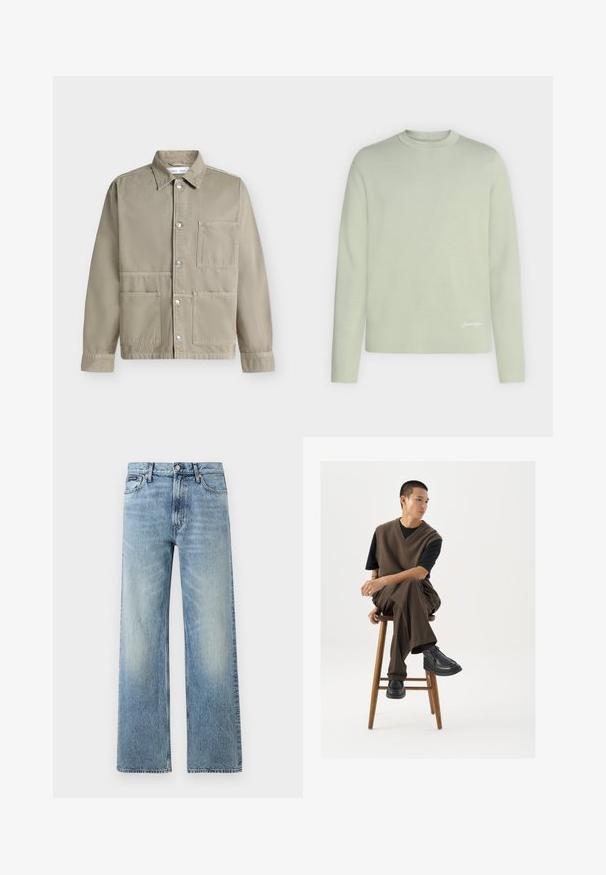 Beige jasje met knopen, drie voorzakken en een kraag, getoond op een effen lichte achtergrond.; Lichtgroene trui met lange mouwen en ronde hals met subtiel wit logo vlak bij de onderzoom op een effen achtergrond.; Lichtblauwe denim jeans met rechte pijpen, een hoge taille, vijf zakken, knoopsluiting en subtiele vervaging op de dijen en knieën.; Bruin gebreid vest over een zwart t-shirt, gecombineerd met bruine wijde broek en zwarte chunky schoenen, zittend op een houten kruk.
