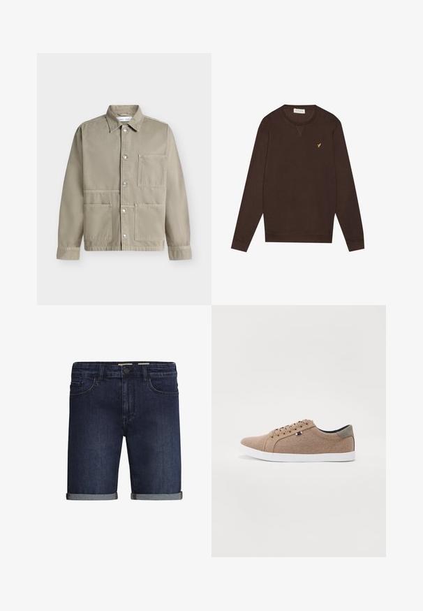 Beige skjortejakke med tre forlommer og krave, vist på en ensfarvet lys baggrund.; Brun sweatshirt med lange ærmer, ribbede manchetter og rund halsudskæring. Har et lille gult logo på brystet. Blødt stofmateriale.; Mørkeblå denimshorts med klassisk fem-lomme design, en opsmøgt kant og en knaplukning. Glat tekstur.; Beige lærreds sneakers med lavt design, hvid gummisål og runde snørebånd. Har et kontrasterende gråt hælrelief og logo detalje.