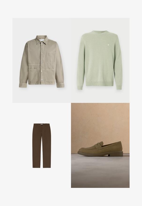 Beige skjortejakke med tre forlommer og krave, vist på en ensfarvet lys baggrund.; Lys grøn crewneck sweater med lange ærmer og et lille hvidt broderet logo på venstre bryst.; Brune, lige ben bukser lavet af tekstureret stof. Har en frontknap lukning og bæltestropper. Ingen synlige lommer eller mønstre.; Brun mokkalærreds loafersko svæver over et tekstureret beige tæppe i en stue med et træ sofabord og stabler af bøger.