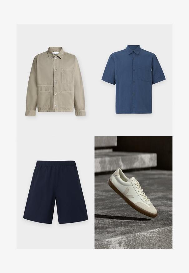 Veste beige boutonnée avec trois poches avant et un col, présentée sur un fond clair uni.; Chemise bleu marine à manches courtes, boutonnée, avec poche poitrine et col classique sur un fond uni.; Shorts décontractés bleu marine avec une taille élastique et une coupe droite, présentés sur un fond blanc uni.; Baskets en cuir blanc avec semelle en caoutchouc beige, lacets plats et accent en forme de V sur le côté. Présentent une surface lisse et peu de détails de couture.