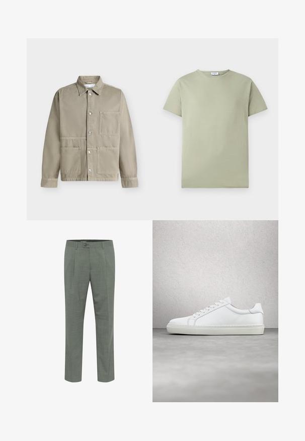 Beige Knopfleistenjacke mit drei Fronttaschen und Kragen, auf hellem einfarbigem Hintergrund dargestellt.; Hellgrünes T-Shirt mit kurzen Ärmeln und Rundhalsausschnitt, mit einem kleinen weißen Etikett im Kragen, auf weißem Hintergrund.; Maßgeschneiderte grüne Hosen mit strukturierter Oberfläche, ausgestattet mit einem einzelnen Knopfverschluss und einem gefältelten Vorderdesign. Gerader Beinabschluss.; Weißer Sneaker mit glattem Lederobermaterial und niedrigem Profil. Verfügt über eine runde Zehenpartie, sechs Ösen und eine strukturierte Gummisohle.