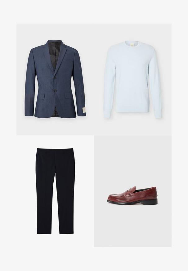 Herreblazer i mørkeblå med to knapper, hakkede revers, forlommer med klap og sort inderfor, vist på hvid baggrund.; Lyseblå langærmet strikket sweater med rund halsudskæring og tekstureret mønster, vist mod en ensfarvet hvid baggrund.; Sorte skræddersyede bukser med lige ben, bælteholdere, sidelommer og fladt frontdesign.; Burgunderfarvet læder loafer med en glat finish, dekorativ søm og en rund tå. Har en lav sort hæl.