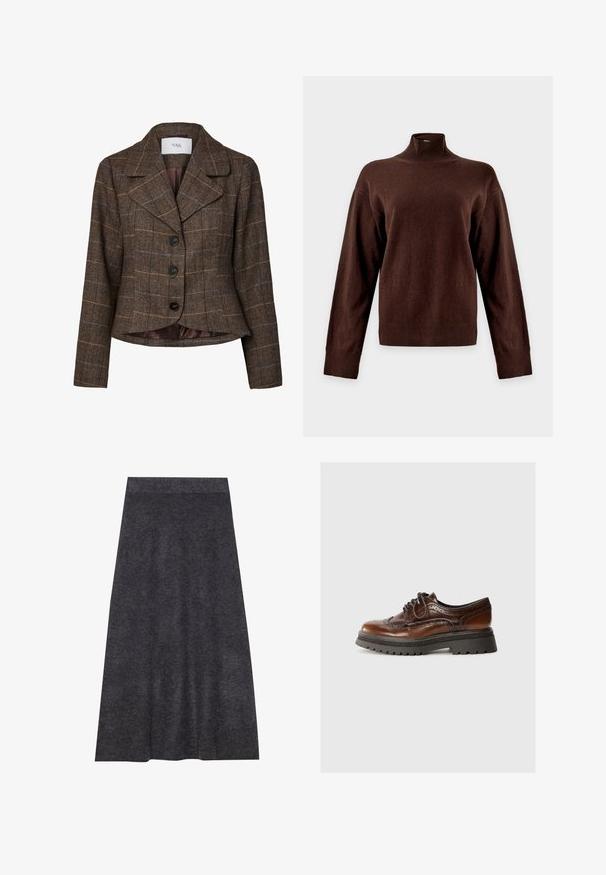 Blazer femme à carreaux marron avec trois boutons noirs, larges revers et manches longues, en tissu à motif chevrons.; Pull marron foncé à manches longues avec col roulé côtelé haut et poignets côtelés, présenté sur un fond clair uni.; Jupe en maille gris foncé, longueur genou, avec une texture lisse et une ceinture. Silhouette en A avec un ourlet uniforme, conçue pour le confort et la polyvalence.; Chaussure en cuir marron à lacets avec des détails en brogue, semelle en caoutchouc et plateforme texturée noire contrastante. Fini lisse avec un design classique.