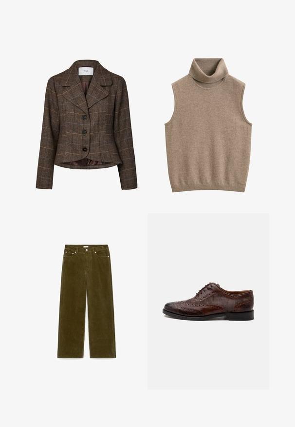 Blazer femme à carreaux marron avec trois boutons noirs, larges revers et manches longues, en tissu à motif chevrons.; Gilet sans manches beige en maille avec col roulé et bord-côtes au niveau du col et de l'ourlet, en tissu doux.; Pantalon en velours côtelé vert olive avec jambes droites, poches avant, passants pour ceinture et fermeture par bouton sur fond blanc.; Chaussure habillée homme à bout golf en cuir marron avec détails brogue et panneaux latéraux en tissu à carreaux, vue de côté sur fond blanc.