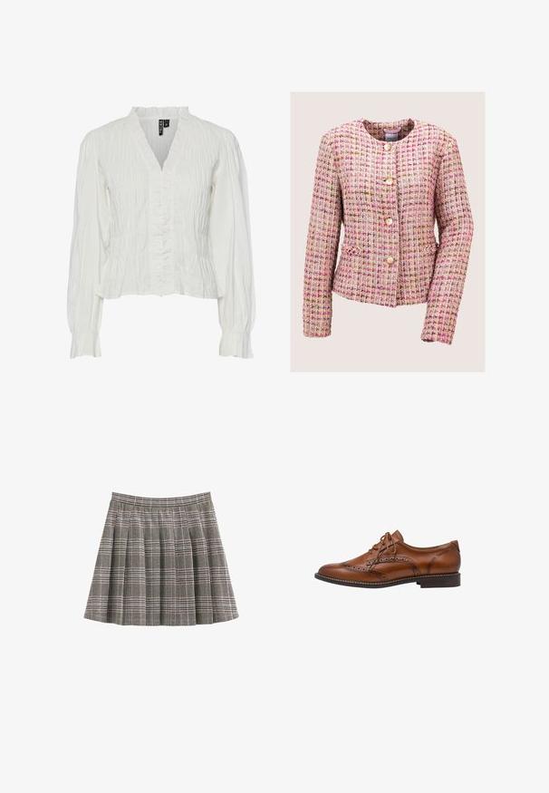 Dames getailleerd tweed jasje met roze, beige en witte ruitpatroon, ronde hals, lange mouwen en houten knopen aan de voorkant.; Witte blouse van gekreukeld stof, met een V-hals, een gerimpelde voorkant en lange mouwen met elastische manchetten. Gelaagd en lichtgewicht ontwerp.; Geruite rok in zwart, wit en grijs met plooien en een aangesloten tailleband. Effen textuur met een klassiek tartanpatroon over de hele rok.; Bruine leren brogue oxford schoen met wingtip-details, perforaties, veters en lage gestapelde hak op een witte achtergrond.