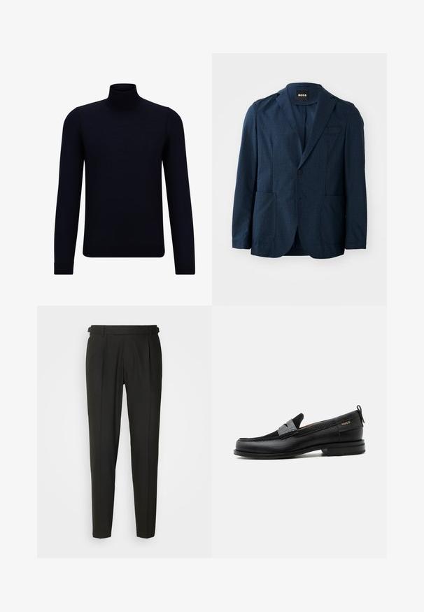 Blazer bleu marine en tissu texturé, avec deux poches avant, fermeture à un bouton et revers en pointe. Étiquette de marque visible à l'intérieur du col.; Pull en col roulé bleu marine foncé en tissu finement tricoté, à manches longues et à encolure haute ajustée. Sans motifs ni accents visibles.; Pantalons noirs sur mesure avec un devant plat, deux plis, passants de ceinture et une coupe droite. Fabriqués en tissu lisse et léger.; Mocassin en cuir noir avec détail de bride grise, talon bas et semelle texturée, marqué "HUGO" en or sur le côté.
