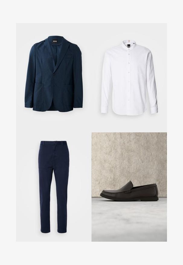 Blazer azul marino con tejido texturizado, dos bolsillos frontales, cierre de un solo botón y solapas con muesca. Etiqueta de la marca visible en el interior del cuello.; Camisa blanca de manga larga con cuello de banda, cierre de botones en el frente y dobladillo redondeado. Hecha de algodón, presenta una textura suave y un brillo sutil.; Chinos azul marino de tela ligera, con un diseño de pierna recta, cierre de botón y bolsillos laterales. Textura suave y sin estampados.; Mocasines de cuero marrón oscuro con punta redondeada, detalles de costura sutil y suela de goma baja. Textura suave con un ajuste flexible.