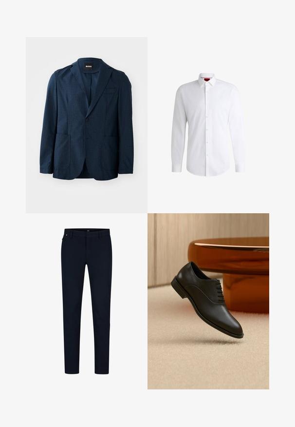 Blazer azul marino con tejido texturizado, dos bolsillos frontales, cierre de un solo botón y solapas con muesca. Etiqueta de la marca visible en el interior del cuello.; Camisa blanca de botones, confeccionada en tela suave, con collar clásico, mangas largas y dobladillo curvado. Presenta botones beige en la parte delantera.; Pantalones navy confeccionados en tejido suave, con un corte ajustado, trabillas para cinturón y una cremallera oculta. Sin patrones ni acentos notables.; Zapato de vestir negro de cuero pulido con cordones flotando sobre una alfombra beige, con una gran mesa de cristal redonda de color ámbar al fondo.