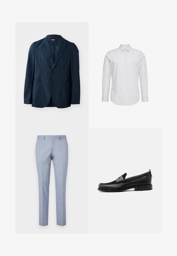 Námořnicky modrý blazer s texturovanou tkaninou, dvěma předními kapsami, jedním knoflíkovým zapínáním a klopovými límci. Značka je viditelná uvnitř límce.; Košeľa s dlhým rukávom so zapínaním na gombíky v svetlomodrom a bielom pruhovaní. Ľahká látka, klasický golier a zapínanie na gombíky vpredu.; Svetlomodré nohavice na mieru s hladkou textúrou látky, so zplateným predným dielom, dvoma prednými vreckami a štíhlym strihom.; Čierny kožený mokasín so sivým remienkom, nízkym podpätkom a textúrovanou podrážkou, so značkou "HUGO" v zlatej farbe na boku.