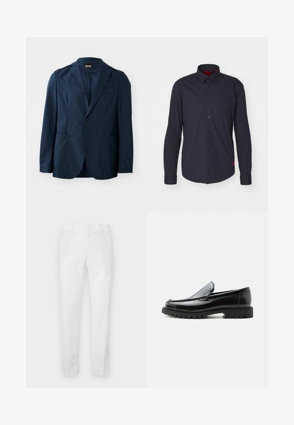 Blazer bleu marine en tissu texturé, avec deux poches avant, fermeture à un bouton et revers en pointe. Étiquette de marque visible à l'intérieur du col.; HUGO ERMO - Chemise classique - dark blue; Pantalon blanc slim-fit avec passants de ceinture et poches latérales, présenté à plat sur un fond clair.; Mocassin en cuir noir avec semelle en caoutchouc épaisse, dessus cousu et nom de marque embossé sur le talon, présenté de profil sur fond blanc.