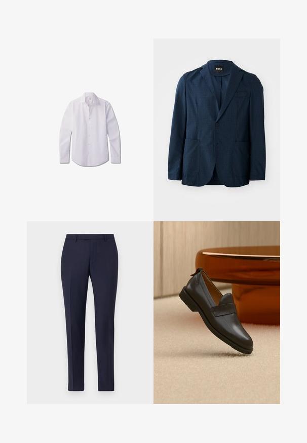 Blazer bleu marine en tissu texturé, avec deux poches avant, fermeture à un bouton et revers en pointe. Étiquette de marque visible à l'intérieur du col.; Chemise blanche à manches longues avec boutons, en tissu lisse, dotée d'un col classique, d'une patte de boutonnage avant et d'un ourlet arrondi.; Pantalons sur mesure bleu marine au design épuré, à l'avant plat, aux jambes étroites et sans matériel ou motifs visibles. Tissu au texture lisse.; Mocassin en cuir noir à talon bas flottant au-dessus d'un tapis beige, à côté d'une table brillante couleur ambre dans une pièce minimaliste.
