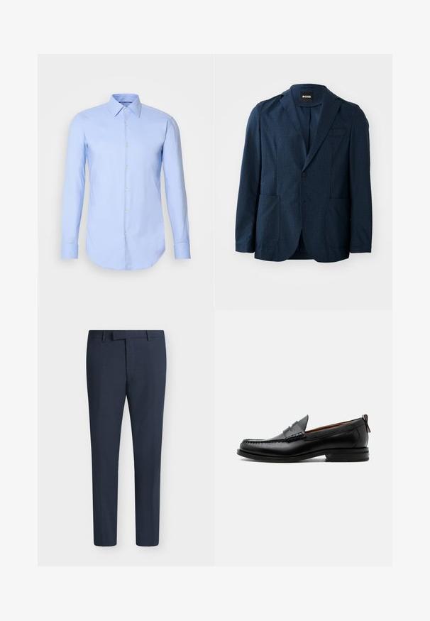 Blazer bleu marine en tissu texturé, avec deux poches avant, fermeture à un bouton et revers en pointe. Étiquette de marque visible à l'intérieur du col.; Chemise à manches longues bleu clair en coton, dotée d'un devant à boutons, d'un col et d'un ourlet arrondi. Texture lisse sans motifs.; Pantalon habillé pour hommes bleu marine sur mesure avec passants de ceinture et fermeture éclair à l’avant, présenté sur un fond uni.; Mocassin homme en cuir noir avec couture moc toe, bride penny, col texturé et petit talon empilé sur fond blanc.