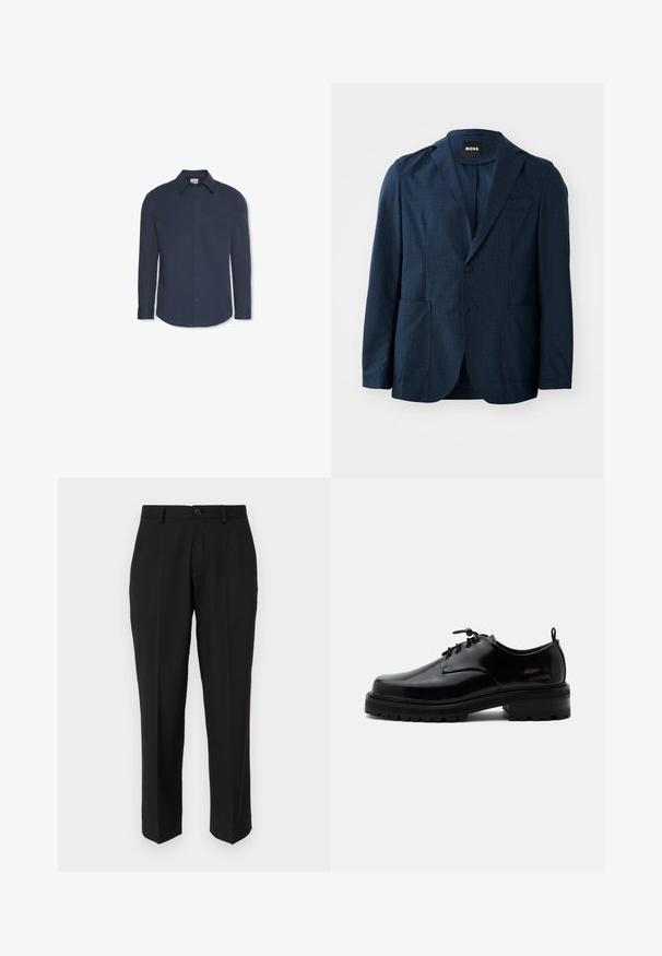 Námořnicky modrý blazer s texturovanou tkaninou, dvěma předními kapsami, jedním knoflíkovým zapínáním a klopovými límci. Značka je viditelná uvnitř límce.; Tmavomodrá košeľa s dlhým rukávom na gombíky, s golierom a manžetami, s označením Calvin Klein vo vnútri goliera.; Čierne nohavice z hladkej tkaniny s rovnými nohavicami, prednými vreckami, jedným gombíkom na zapínanie a bez viditeľných vzorov.; Čierna leštená kožená šnurovacia obuv s hrubou gumovou podrážkou a nízkym podpätkom, bočný nápis značky "SAMSOE" a zadné ťahadlo.