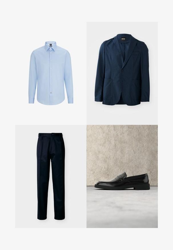 Marineblauwe blazer van een gestructureerde stof, twee voorkoeken, eenknopsluiting en notch revers. Merkenlabel zichtbaar aan de binnenkant van de kraag.; Lichtblauwe, langslijpende overhemD met klassieke kraag, gemaakt van een soepele stof. Voorzien van witte knopen aan de voorkant en cuffs.; Heren zwarte, rechte broek met knoop- en ritssluiting, riemlussen en voorzakken, weergegeven tegen een witte achtergrond.; Zwarte gepolijste leren loafer die boven een beige tapijt zweeft met oranje doorschijnend meubilair op de achtergrond.