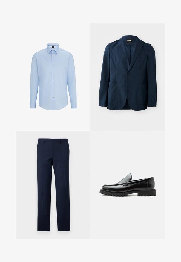Marineblauwe blazer van een gestructureerde stof, twee voorkoeken, eenknopsluiting en notch revers. Merkenlabel zichtbaar aan de binnenkant van de kraag.; Lichtblauwe, langslijpende overhemD met klassieke kraag, gemaakt van een soepele stof. Voorzien van witte knopen aan de voorkant en cuffs.; Marineblauwe broeken met een getailleerde pasvorm, met een gladde textuur, scherpe plooien en een vlakke voorkant. Verborgen ritssluiting.; Zwarte leren loafer met dikke rubberen zool, gestikte bovenkant en gegraveerde merknaam op de hiel, zijaanzicht op witte achtergrond.