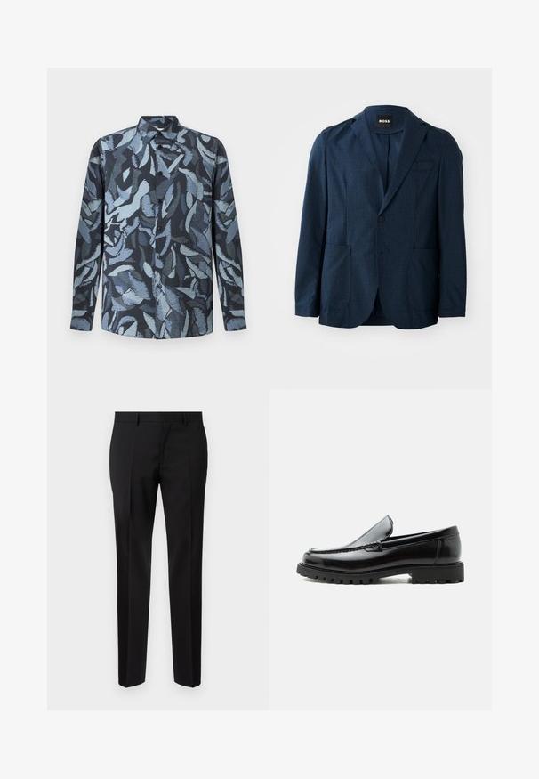 Marineblauwe blazer van een gestructureerde stof, twee voorkoeken, eenknopsluiting en notch revers. Merkenlabel zichtbaar aan de binnenkant van de kraag.; Langemouwen shirt van zachte stof met een donkerblauwe basis en abstracte lichtblauwe blaadjespatronen, knoopsluiting aan de voorkant en een kraag.; Zwarte op maat gemaakte broeken van een gladde stof, met een rechte pijp, verfijnde plooidetails en een klassieke tailleband met riemlussen.; Zwarte leren loafer met dikke rubberen zool, gestikte bovenkant en gegraveerde merknaam op de hiel, zijaanzicht op witte achtergrond.