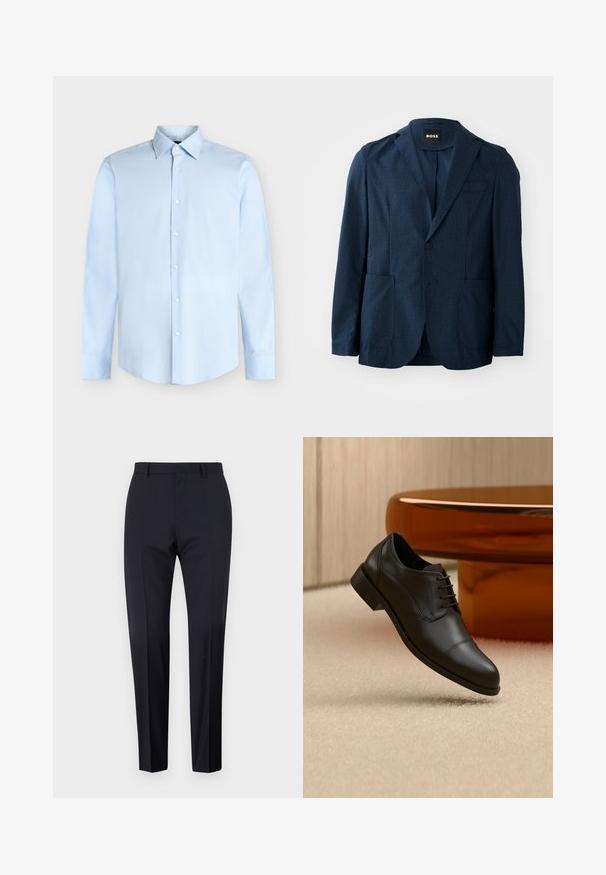 Blazer azul marino con tejido texturizado, dos bolsillos frontales, cierre de un solo botón y solapas con muesca. Etiqueta de la marca visible en el interior del cuello.; Camisa de vestir de hombre azul claro de manga larga con cierre de botones en la parte delantera y cuello puntiagudo, mostrada sobre un fondo blanco.; Pantalones de traje en color navy, de tiro plano, corte slim, con trabillas para cinturón y bolsillos laterales. Tejido suave con un acabado nítido, sin patrones ni acentos visibles.; Zapato oxford formal de cuero negro con cordones, apareciendo flotando sobre una alfombra beige, con una mesa redonda marrón al fondo.