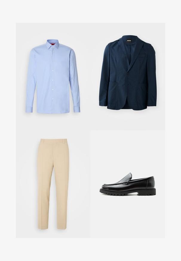 Navyblauer Blazer aus strukturiertem Stoff, mit zwei Fronttaschen, einreihiger Knopfverschluss und Reverskragen. Markenlabel im Kragen sichtbar.; Hellblaues langärmliges Hemd aus Baumwolle mit klassischem Kragen und Knopfleiste mit weißen Knöpfen. Glatte Textur.; Beige maßgeschneiderte Hosen mit geradem Bein, aus leichtem Stoff, mit zwei vorderen Taschen und ordentlich gebügelten Falten.; Schwarzer Lederloafer mit grober Gummisohle, genähter Oberseite und geprägtem Markennamen an der Ferse, seitlich auf weißem Hintergrund gezeigt.