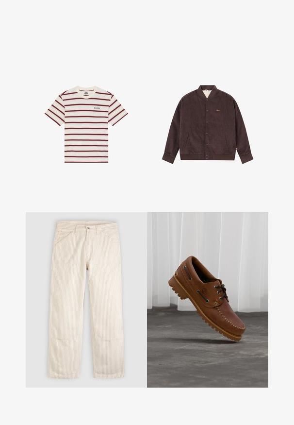 Brun kordfløjljakke med ribbet krave, manchetter og knaplukning foran. Har sidelommer og subtil brodering af mærket.; Kortærmet T-shirt med vandrette maroon- og cremefarvede striber, med "Dickies" logo broderet på venstre bryst.; Beige bukser med striber lavet af bomuld med en lige pasform. Har forlommer og knaplukning. Vertikalt linjemønster på stoffet.; Brun læder bådsko med sorte snørebånd, beige syninger og en robust sål, hængende over en grå betongulv.