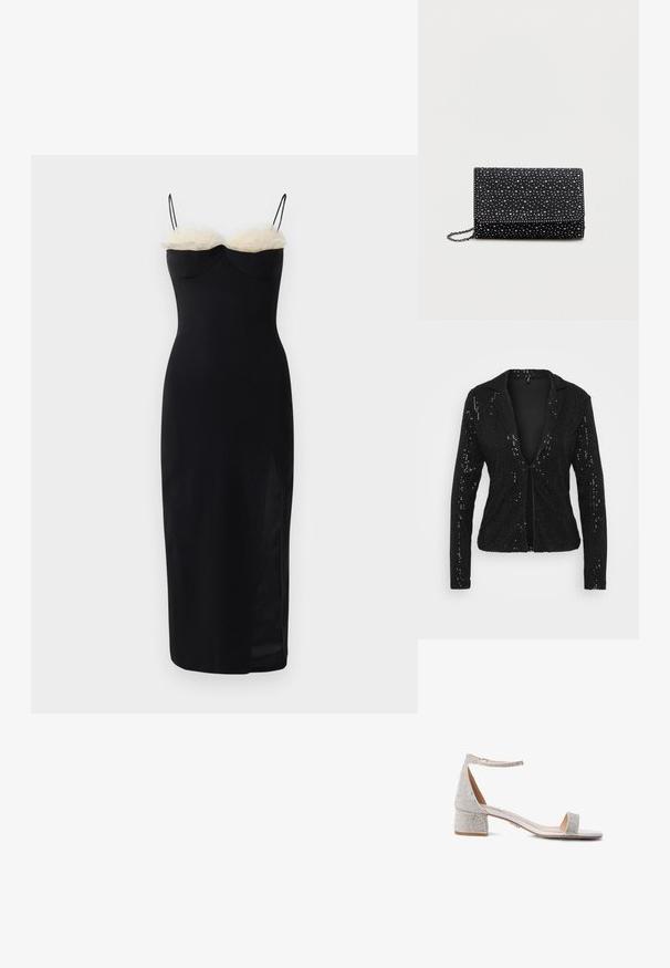 Sort palietblazer med spænderkrave, åben front og lange ærmer. Har en tekstureret, glitrende overflade med en tætsiddende pasform.; Sort bodycon kjole med spaghetti stropper, der har et lag af hvid faux pels ved halsudskæringen og en sideslids. Glat, strækbart stof.; Sølv hæl sandal med en tekstureret, funklende overdel, justerbar ankelrem, åben tå og en gennemsigtig tårem; blokhæl.; Sort clutch-taske med flap, lavet af struktureret materiale, udsmykket med sølvfarvede nitter jævnt fordelt på overfladen. Har en kædestrop.