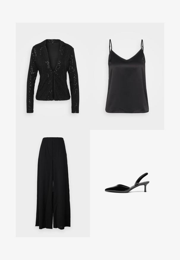 Sort palietblazer med spænderkrave, åben front og lange ærmer. Har en tekstureret, glitrende overflade med en tætsiddende pasform.; Sort satin camisole med V-hals, tynde justerbare stropper og en glat, blank overflade. Ingen mønstre eller yderligere dekorationer.; Sorte brede bukser lavet af et struktureret stof, med en høj talje, der har folder og rene kanter for en slank silhuet.; Sorte patentlæder slingback hæle med spids tå, lav stiletto hæl og et elegant, enkelt design uden pynt.