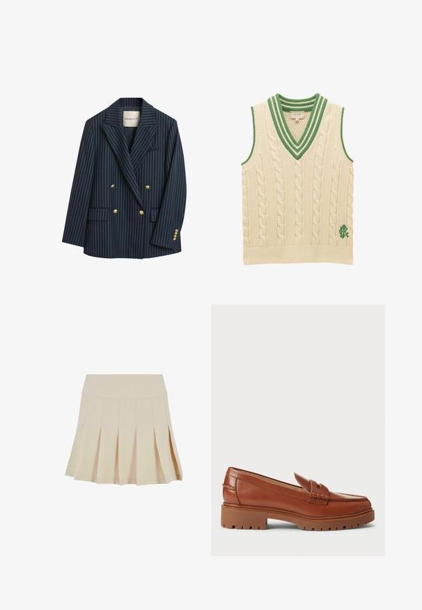 Marineblauer gestreifter Doppelreiher-Blazer mit goldenen Knöpfen, Reverskragen und zwei vorderen Taschen. Der Stoff wirkt glatt und hat eine maßgeschneiderte Passform.; Cremefarbene ärmellose Strickweste mit grün gestreiftem V-Ausschnitt und einem grün bestickten Logo nahe dem Saum.; Beige Faltenrock mit einem taillierten Bund, aus einem glatten Stoff gefertigt. Verfügt über mehrere vertikale Falten und einen geraden Saum.; Braune Lederloafers mit einer Mokassin-Spitzenform, sichtbarem Nähen und einer dicken, strukturierten Gummisohle. Akzentuierung mit goldfarbener Hardware.