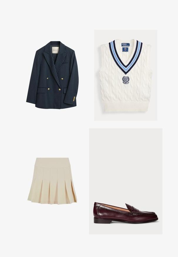 Blazer double boutonné à rayures marines avec boutons dorés, revers crantés et deux poches avant. Le tissu semble lisse avec une coupe ajustée.; Gilet sans manches en maille torsadée blanche avec col en V rayé bleu et logo Polo Ralph Lauren Wimbledon sur la poitrine.; Jupe plissée beige avec une taille cintrée, fabriquée dans un tissu lisse. Présente plusieurs plis verticaux et un ourlet droit.; Mocassins en cuir bordeaux avec une finition lisse, un bout arrondi, des coutures décoratives et un talon bas. L'intérieur est doté d'une douce doublure beige.
