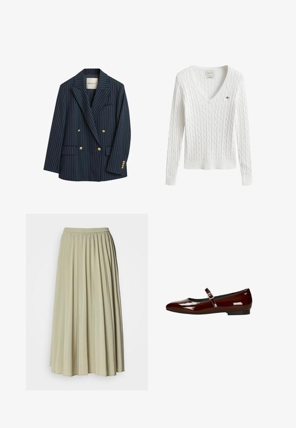 Marine gestreepte dubbelzijdige blazer met gouden knopen, notch-lapels en twee zakken aan de voorkant. De stof lijkt soepel met een getailleerde snit.; Witte kabelgebreide trui met lange mouwen, V-hals en klein geborduurd logo op de linkerborst, gemaakt van stretchkatoen.; Plissé lange rok van een zachte, lichtgroene stof. Heeft een elastische tailleband en een vloeiende pasvorm, met uniforme plooien over het geheel.; Bordeaux lakleren ballerina's met een lage hak, vierkante neus en verstelbare band met een goudkleurige gespsluiting.